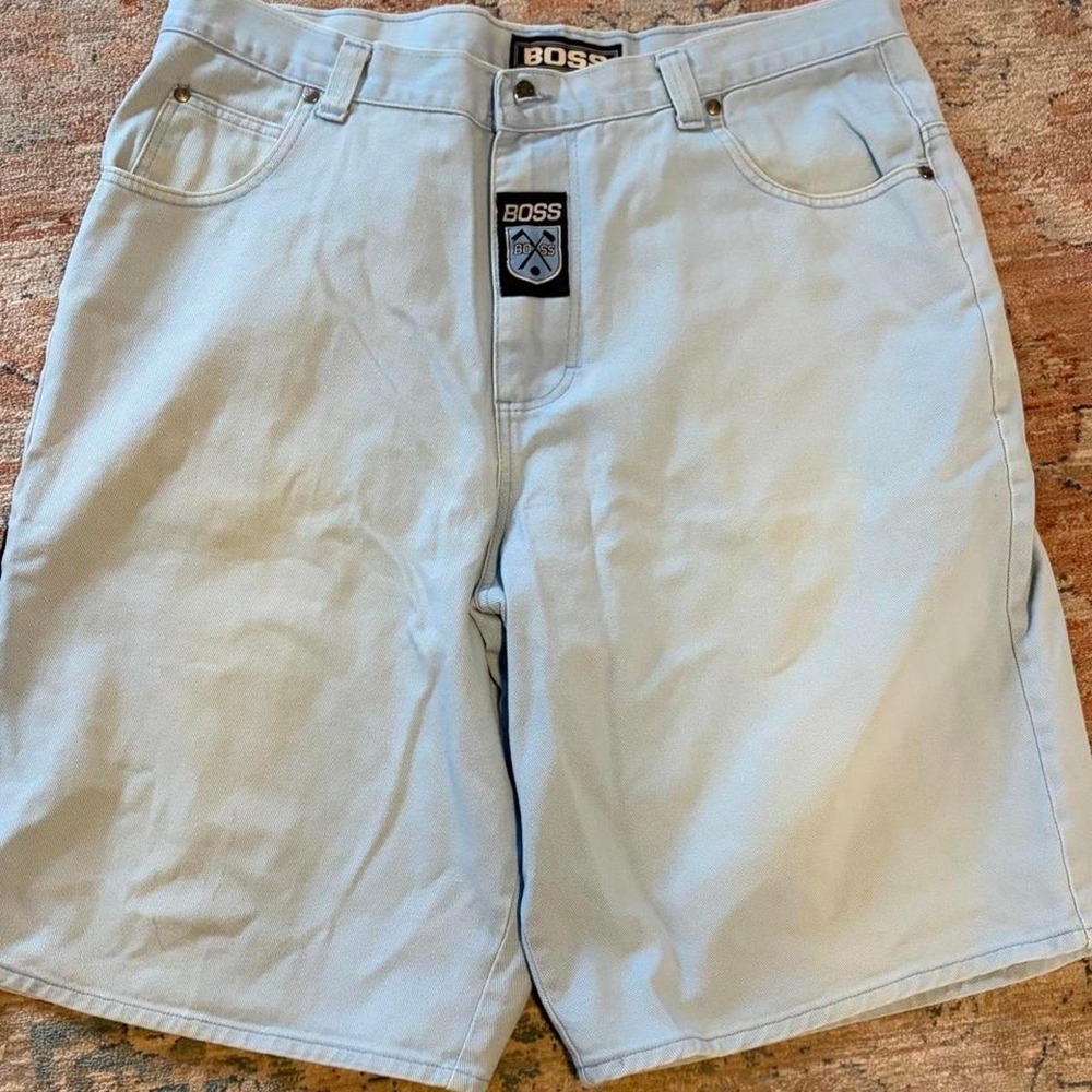 Boss Jean Shorts Mens 40 Y2K Baggy Skater Grunge Baby Blue Denim Vintage Logo